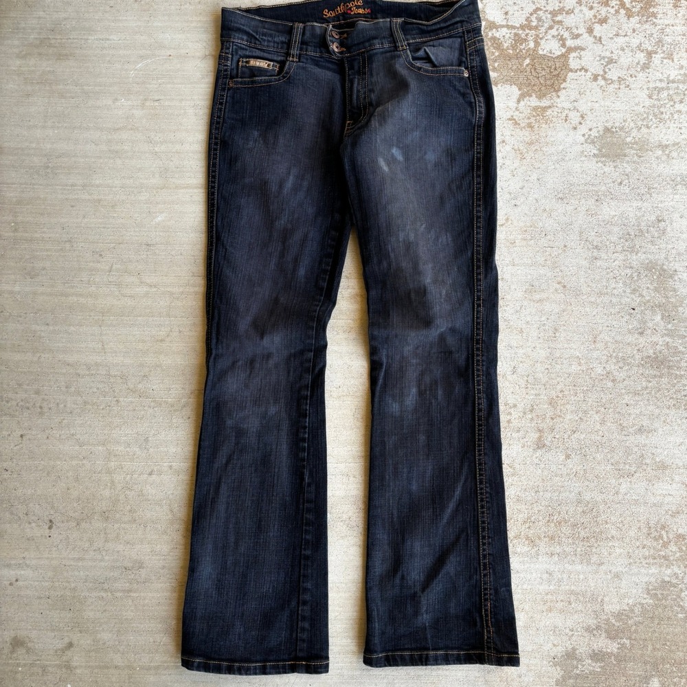 Southpole Womens Bootcut Flare Jeans Dark Wash Contrast Stitch Size 7 Pocket